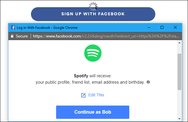 Bob Delegating Spotify Access to his Facebook Profile