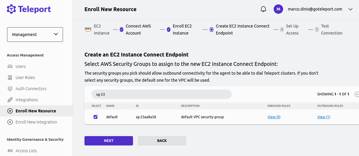 select security groups for eice