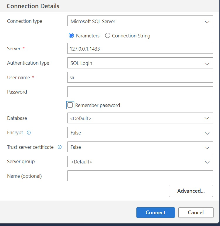 Azure Data Studio connection options